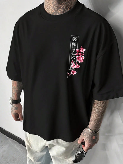 Men's Lightweight 100% Polyester Japanese Koi Samurai Sword Cherry Blossom Print Loose Short Sleeve T-Shirt, Round Neck Streetwear Y2K Harajuku Style Casual Half Sleeve Top, Consumable, Japanese, Anim