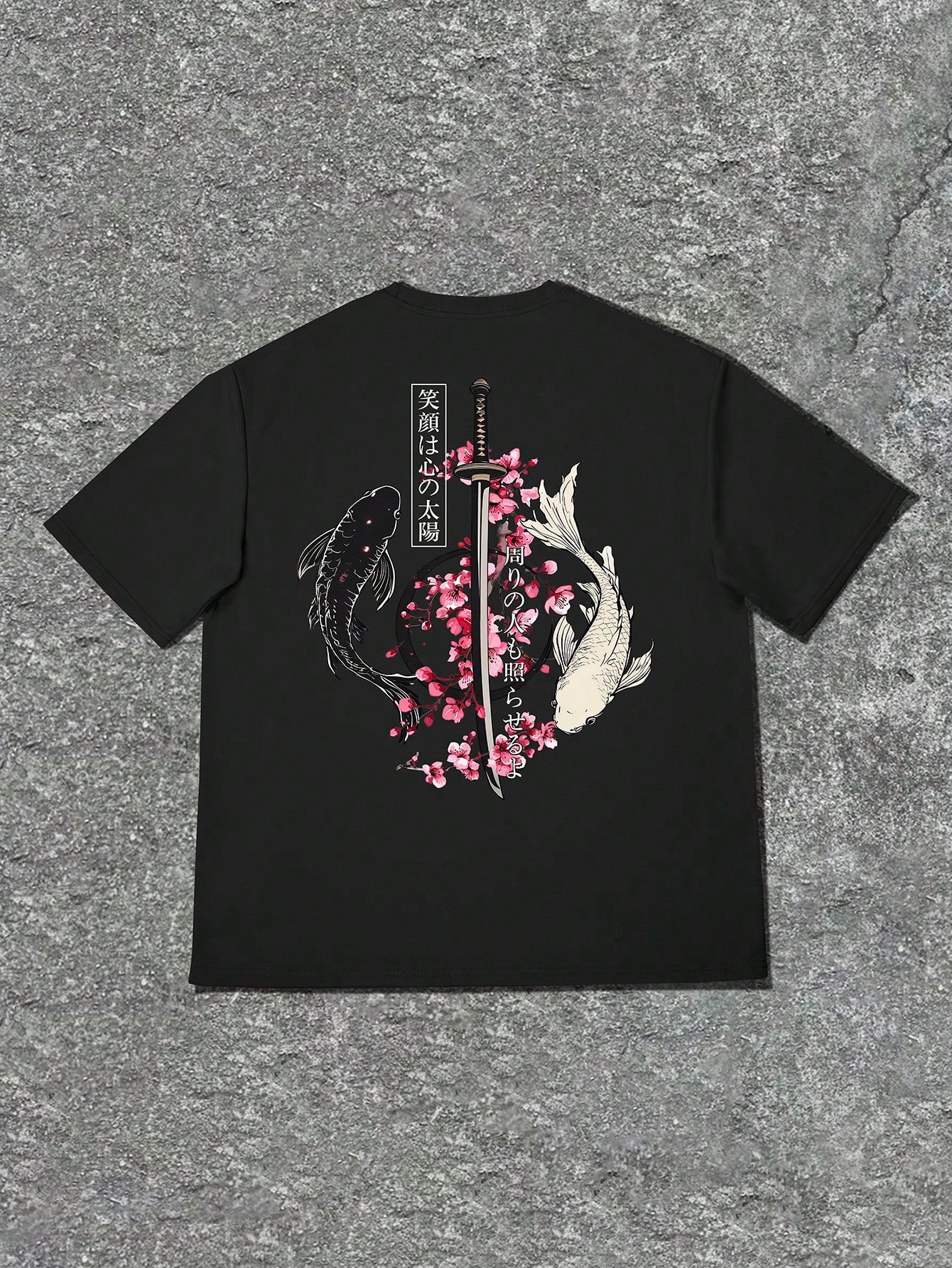 Men's Lightweight 100% Polyester Japanese Koi Samurai Sword Cherry Blossom Print Loose Short Sleeve T-Shirt, Round Neck Streetwear Y2K Harajuku Style Casual Half Sleeve Top, Consumable, Japanese, Anim
