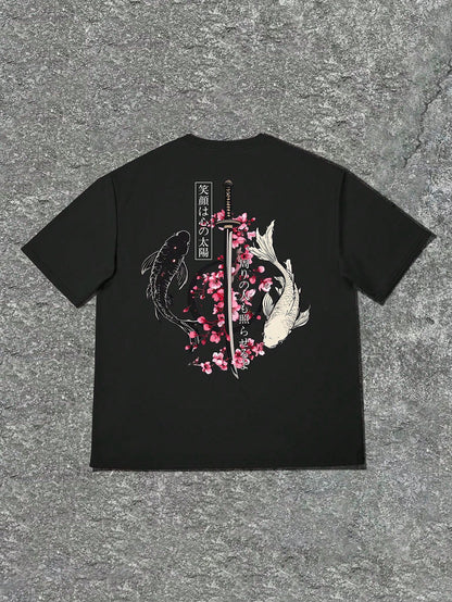 Men's Lightweight 100% Polyester Japanese Koi Samurai Sword Cherry Blossom Print Loose Short Sleeve T-Shirt, Round Neck Streetwear Y2K Harajuku Style Casual Half Sleeve Top, Consumable, Japanese, Anim