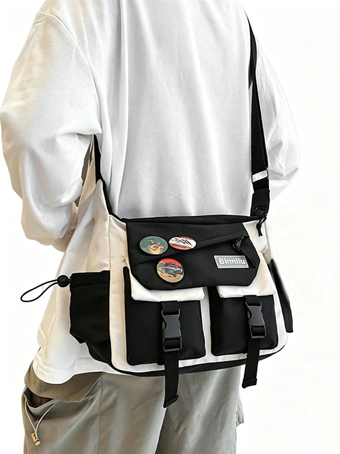 Men's Nylon Horizontal Square Waist Bag, Korean Style Niche Crossbody Messenger Bag