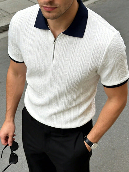 Men's Summer Jacquard Textured Contrast Color Half-Zip Polo Shirt, Casual Minimalist Urban Mature British Gentleman Style, Smart Casual