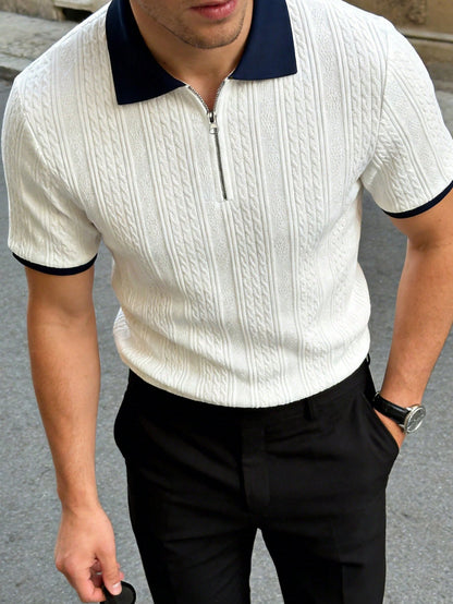 Men's Summer Jacquard Textured Contrast Color Half-Zip Polo Shirt, Casual Minimalist Urban Mature British Gentleman Style, Smart Casual