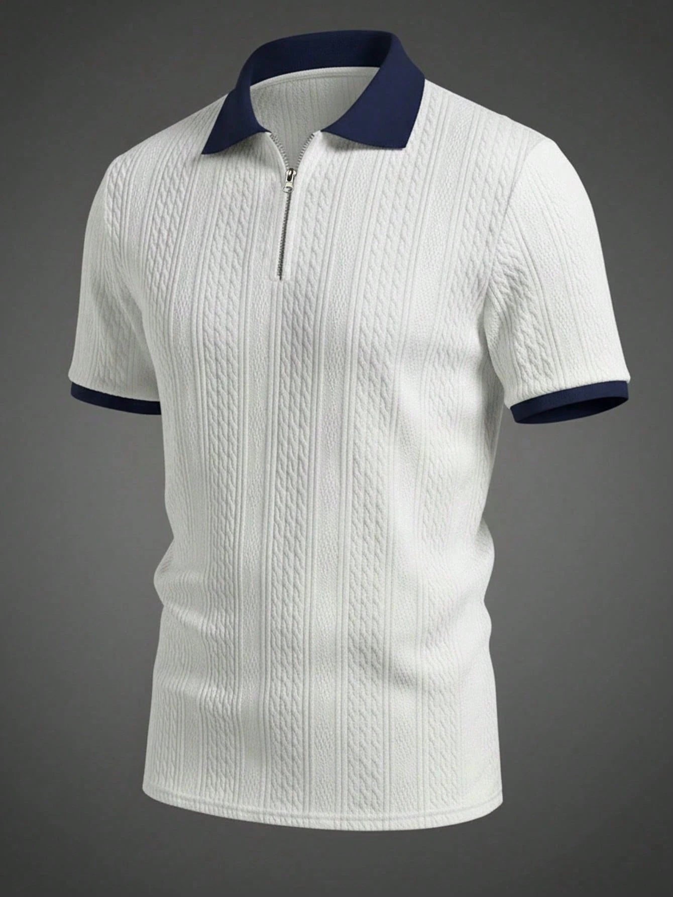 Men's Summer Jacquard Textured Contrast Color Half-Zip Polo Shirt, Casual Minimalist Urban Mature British Gentleman Style, Smart Casual