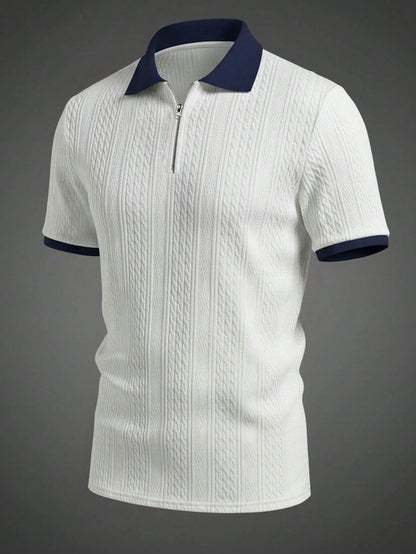 Men's Summer Jacquard Textured Contrast Color Half-Zip Polo Shirt, Casual Minimalist Urban Mature British Gentleman Style, Smart Casual