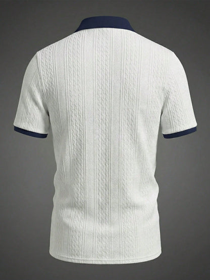 Men's Summer Jacquard Textured Contrast Color Half-Zip Polo Shirt, Casual Minimalist Urban Mature British Gentleman Style, Smart Casual