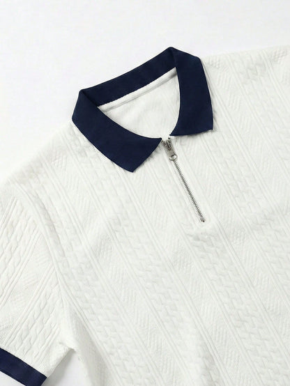 Men's Summer Jacquard Textured Contrast Color Half-Zip Polo Shirt, Casual Minimalist Urban Mature British Gentleman Style, Smart Casual