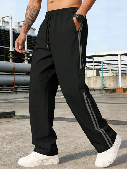 Men's Summer Striped Straight Leg Loose Fit Versatile Hiking Fitness Commute Casual Long Pants Sports