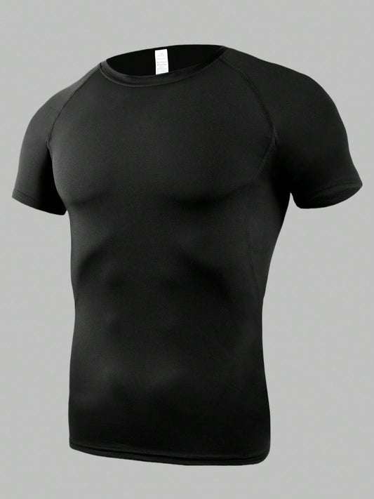 Men's Tight Fit High Elasticity Sports Muscle Short Sleeve T-Shirt- Tight Fit Short Sleeve Top, Machine Washable Solid Color Sports Fitness And Casual Wear, Suitable For Summer| Fashion Design| Lig