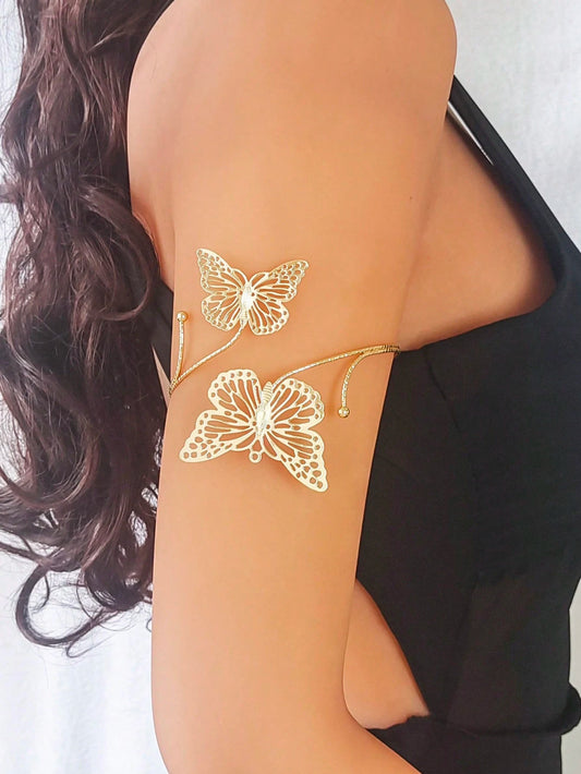 Metal Flower & Butterfly Arm Cuff, Elegant Women's Beach Resort Arm Band, Essential For Back To School Season,Summer,Jewellery,Festival,Accessories