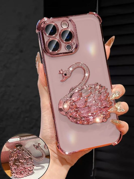 MewTrek Luxury Electroplated Transparent Pink Phone Case, Creative Swan Holder, Sparkling Rhinestones, Shockproof, Summer New Fashion Silicone Soft Shell, Compatible With Iphone 16/16E/15/14/13/12/11