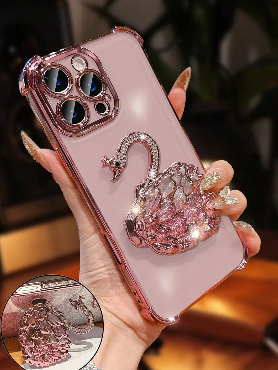 MewTrek Luxury Electroplated Transparent Pink Phone Case, Creative Swan Holder, Sparkling Rhinestones, Shockproof, Summer New Fashion Silicone Soft Shell, Compatible With Iphone 16/16E/15/14/13/12/11
