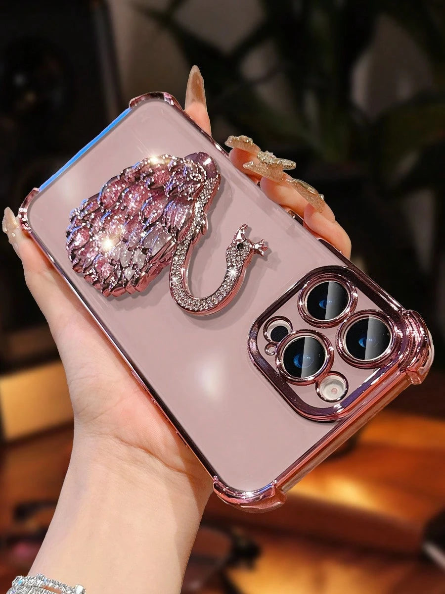 MewTrek Luxury Electroplated Transparent Pink Phone Case, Creative Swan Holder, Sparkling Rhinestones, Shockproof, Summer New Fashion Silicone Soft Shell, Compatible With Iphone 16/16E/15/14/13/12/11