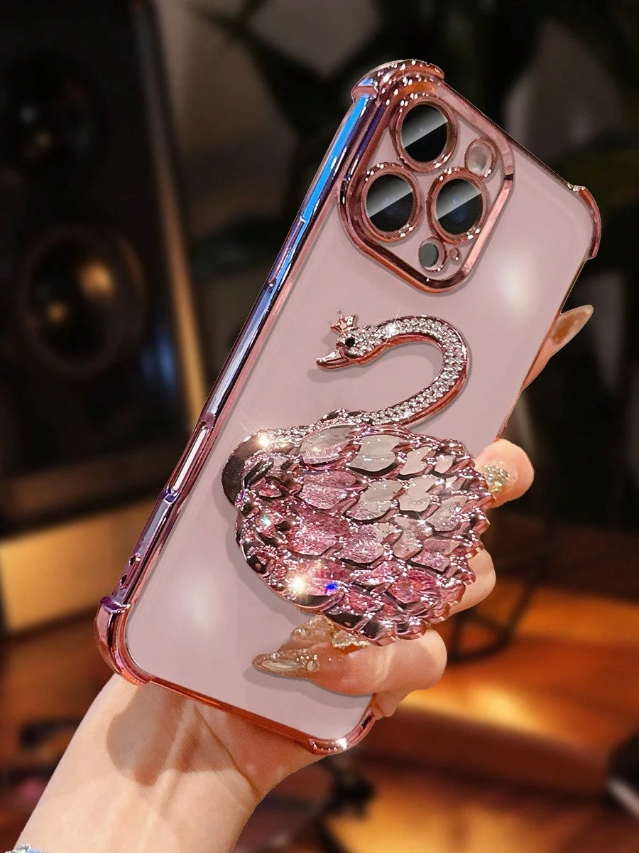 MewTrek Luxury Electroplated Transparent Pink Phone Case, Creative Swan Holder, Sparkling Rhinestones, Shockproof, Summer New Fashion Silicone Soft Shell, Compatible With Iphone 16/16E/15/14/13/12/11