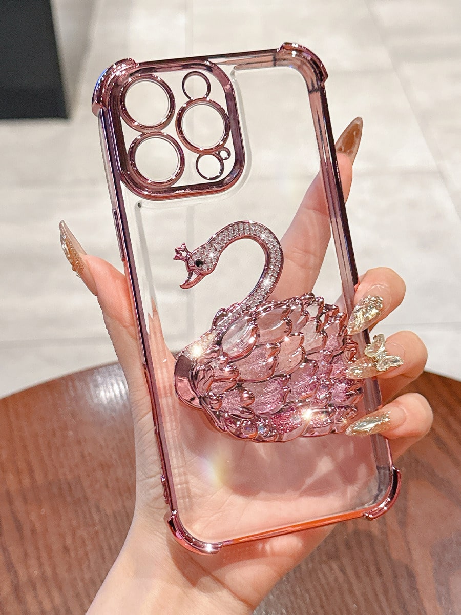 MewTrek Luxury Electroplated Transparent Pink Phone Case, Creative Swan Holder, Sparkling Rhinestones, Shockproof, Summer New Fashion Silicone Soft Shell, Compatible With Iphone 16/16E/15/14/13/12/11
