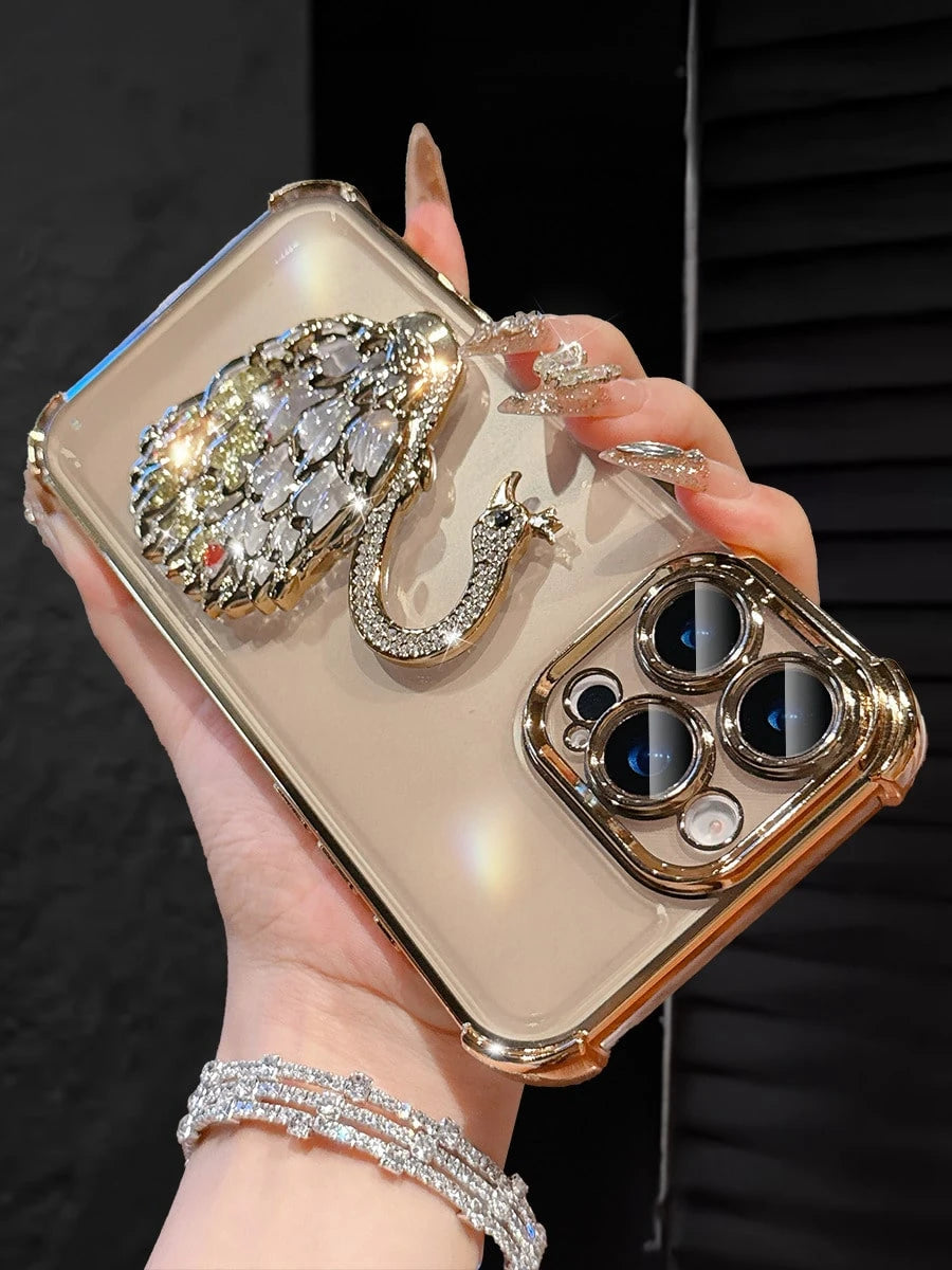 MewTrek Luxury Electroplated Transparent Pink Phone Case, Creative Swan Holder, Sparkling Rhinestones, Shockproof, Summer New Fashion Silicone Soft Shell, Compatible With Iphone 16/16E/15/14/13/12/11