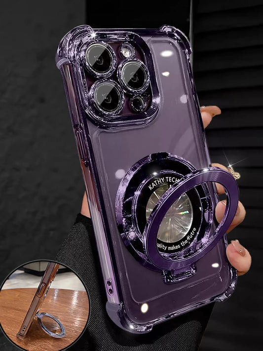 MewTrek Luxury Electroplated Transparent Purple Phone Case With Magnetic Ring Holder, Shockproof And Anti-Drop, Made Of Soft Silicone Material, Compatible With Iphone, Galaxy And/Honor/ Phones