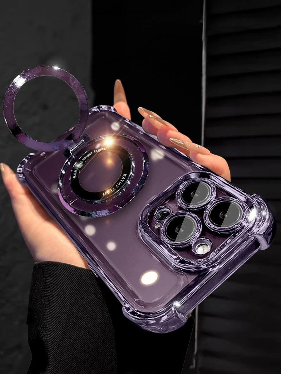 MewTrek Luxury Electroplated Transparent Purple Phone Case With Magnetic Ring Holder, Shockproof And Anti-Drop, Made Of Soft Silicone Material, Compatible With Iphone, Galaxy And/Honor/ Phones