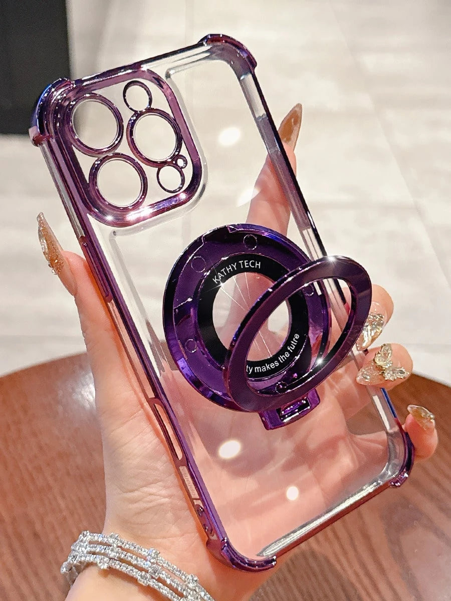 MewTrek Luxury Electroplated Transparent Purple Phone Case With Magnetic Ring Holder, Shockproof And Anti-Drop, Made Of Soft Silicone Material, Compatible With Iphone, Galaxy And/Honor/ Phones
