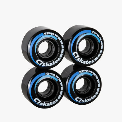 Four black and blue C7skates wheels on a white background