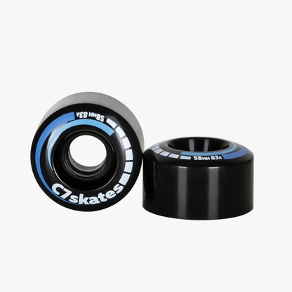 Two black skateboard wheels with blue accents and 'C7 Skates' branding on a white background.