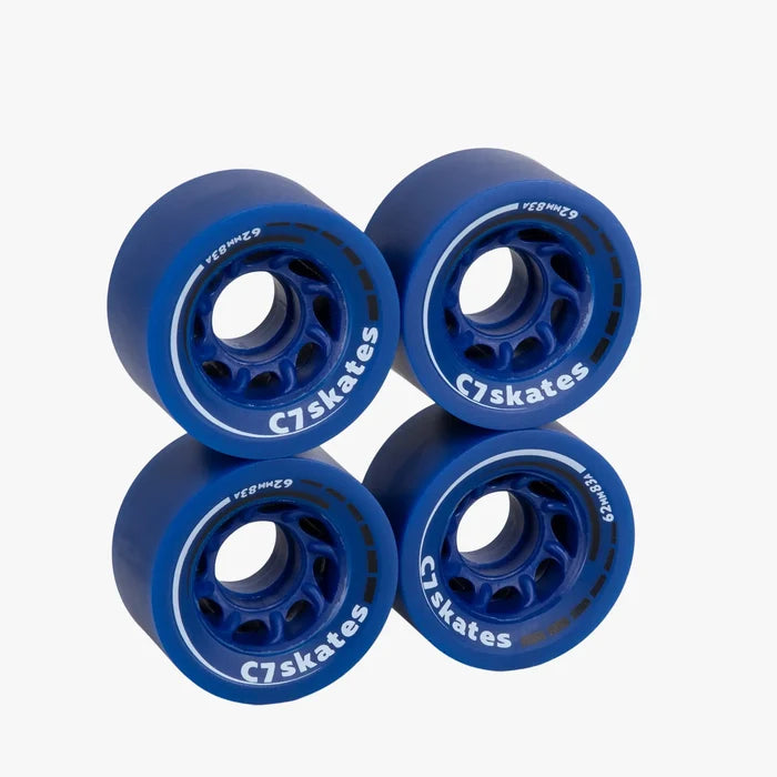 Four blue roller skate wheels with 'C7skates' branding on a white background