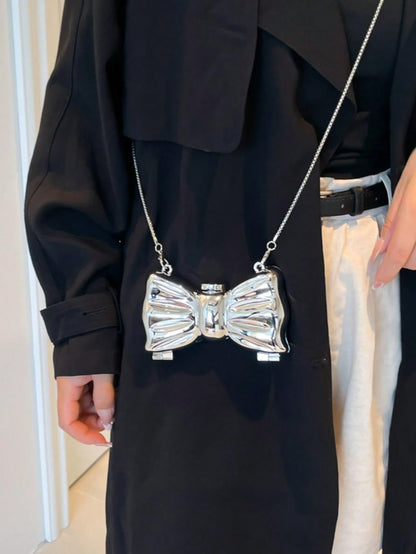 Mini Metal Silver Bow Decor Cute Crossbody Bag, Mini Evening Bag With Metal Bow Detail, Fashionable Personalized Girl's Chain Bag, Suitable For Parties And Dates, Shoulder Crossbody Bag For Girl, Best