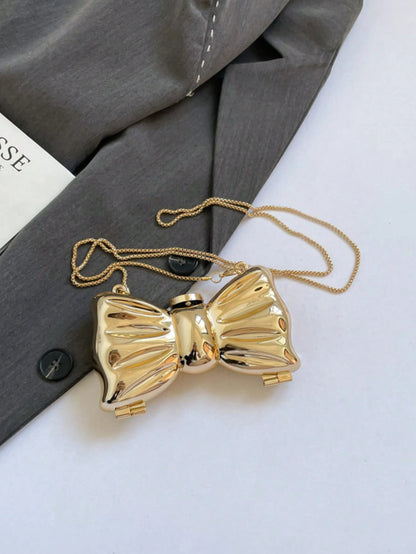 Mini Metal Silver Bow Decor Cute Crossbody Bag, Mini Evening Bag With Metal Bow Detail, Fashionable Personalized Girl's Chain Bag, Suitable For Parties And Dates, Shoulder Crossbody Bag For Girl, Best
