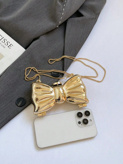 Mini Metal Silver Bow Decor Cute Crossbody Bag, Mini Evening Bag With Metal Bow Detail, Fashionable Personalized Girl's Chain Bag, Suitable For Parties And Dates, Shoulder Crossbody Bag For Girl, Best
