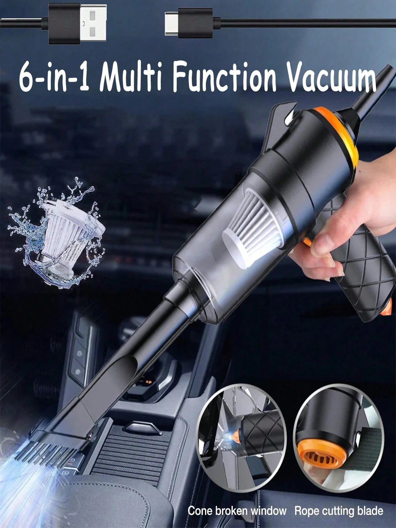 Mini Portable Car Wireless Handheld Vacuum Cleaner, Rechargeable, With Emergency Functions: Seatbelt Cutter, Window Breaker, Car Cleaning Kit, Suitable For Car, Home, Office, Pets