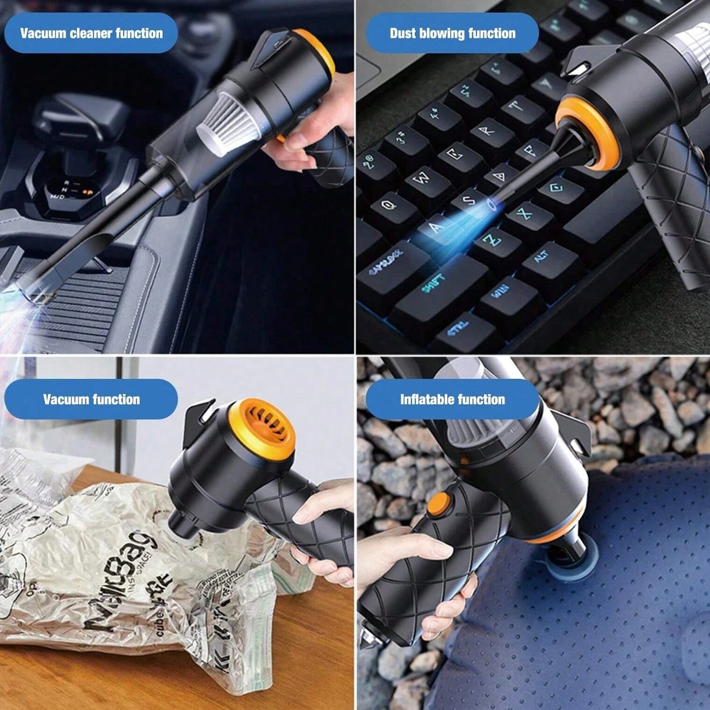 Mini Portable Car Wireless Handheld Vacuum Cleaner, Rechargeable, With Emergency Functions: Seatbelt Cutter, Window Breaker, Car Cleaning Kit, Suitable For Car, Home, Office, Pets