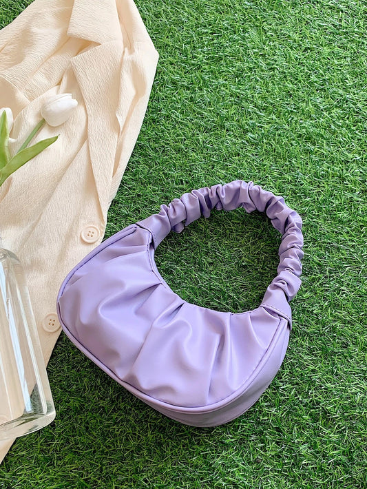Mini Solid Color Cloud Shaped Handbag With Pleats For Women, Purple