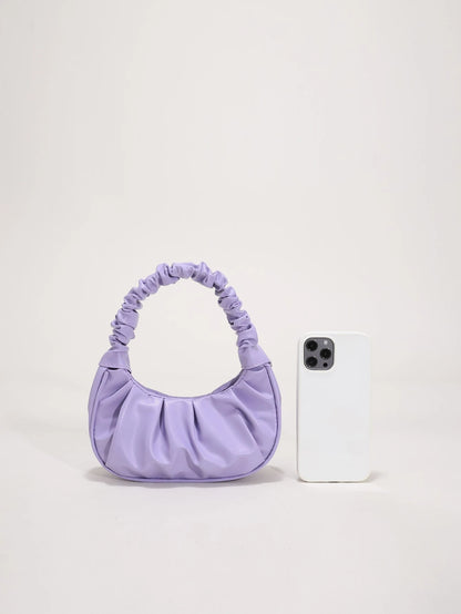 Mini Solid Color Cloud Shaped Handbag With Pleats For Women, Purple
