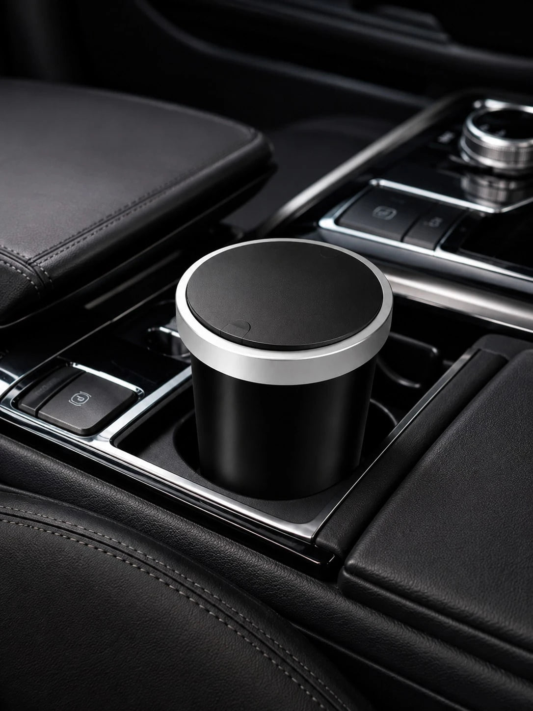 Mini Trash Can With Automatic Pop-Up Lid Design, Car Cup Holder Trash Can, Portable Storage Bin, Universal Small Trash Box For Car Interior And Desktop, Black Minimalist Interior Accessory