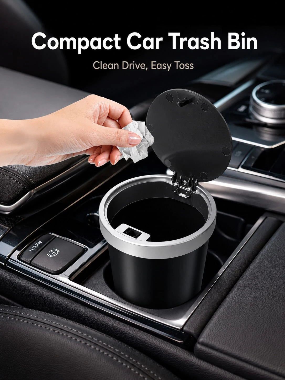 Mini Trash Can With Automatic Pop-Up Lid Design, Car Cup Holder Trash Can, Portable Storage Bin, Universal Small Trash Box For Car Interior And Desktop, Black Minimalist Interior Accessory