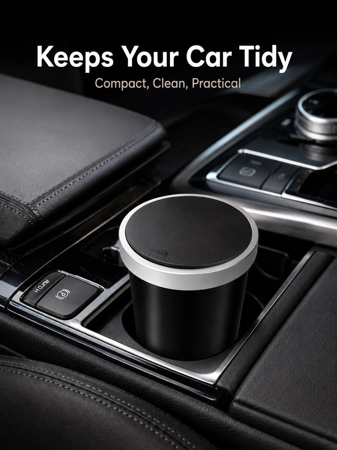Mini Trash Can With Automatic Pop-Up Lid Design, Car Cup Holder Trash Can, Portable Storage Bin, Universal Small Trash Box For Car Interior And Desktop, Black Minimalist Interior Accessory
