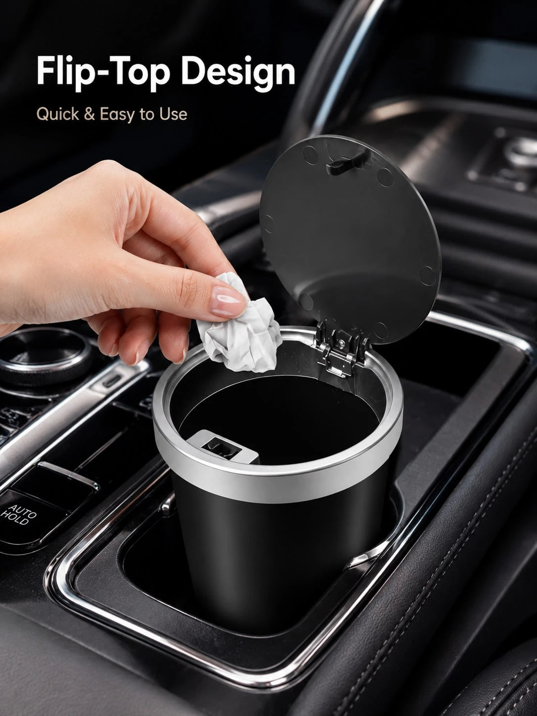 Mini Trash Can With Automatic Pop-Up Lid Design, Car Cup Holder Trash Can, Portable Storage Bin, Universal Small Trash Box For Car Interior And Desktop, Black Minimalist Interior Accessory