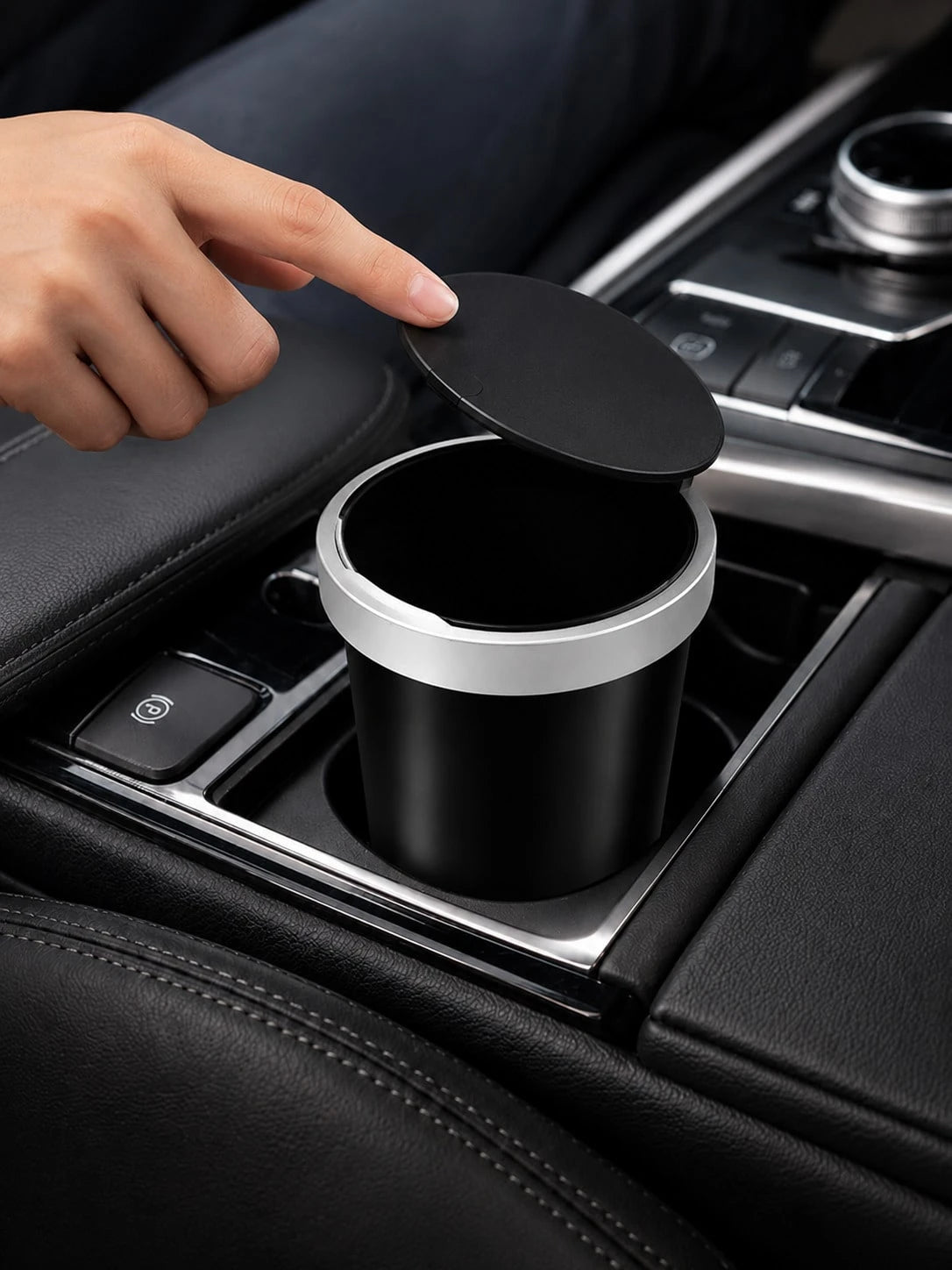 Mini Trash Can With Automatic Pop-Up Lid Design, Car Cup Holder Trash Can, Portable Storage Bin, Universal Small Trash Box For Car Interior And Desktop, Black Minimalist Interior Accessory