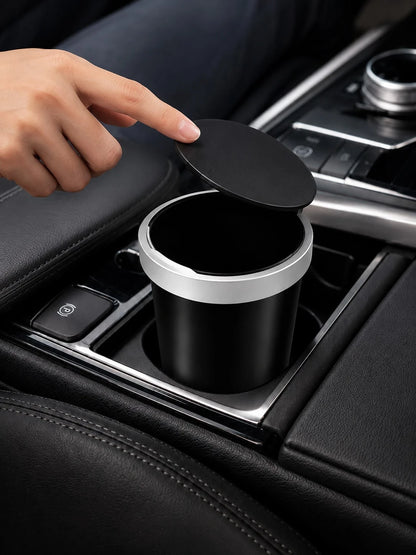 Mini Trash Can With Automatic Pop-Up Lid Design, Car Cup Holder Trash Can, Portable Storage Bin, Universal Small Trash Box For Car Interior And Desktop, Black Minimalist Interior Accessory