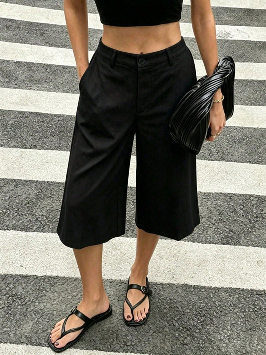 Minimalist Casual Elegant Fashion Daily Vacation Afternoon Tea Artistic Solid Color Pocket Thin Seven-Quarter Wide Leg Pants Black Summer, Quiet Luxury
