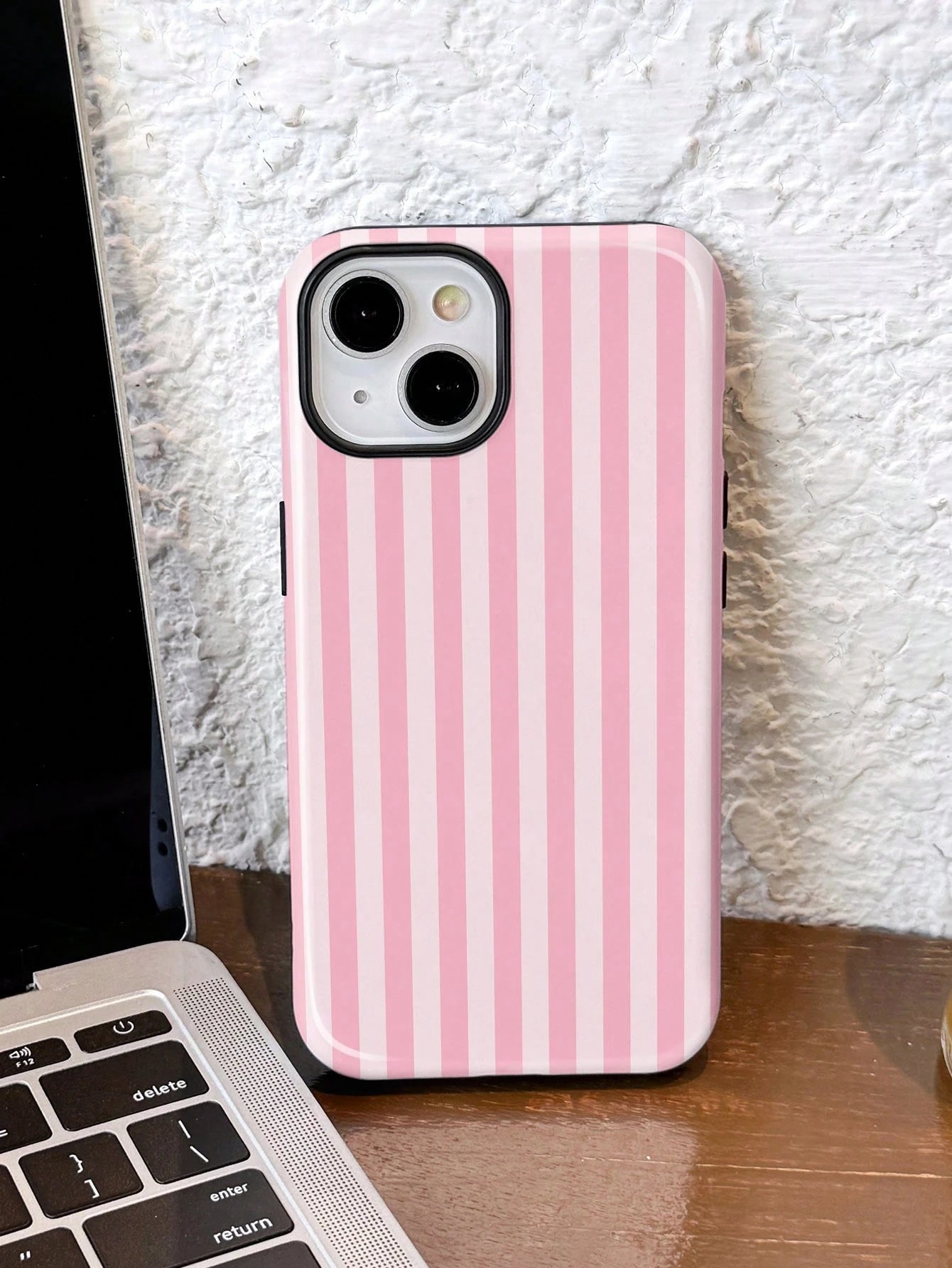 Minimalist White Pink Stripe Elements Fashion Phone 1pc Minimalist Artistic Colorful Striped Pattern Glossy 2-In-1 Phile Full Coverage Hard Phone Compatible With/Compatible With 11/12/13/14/15/16/17 P