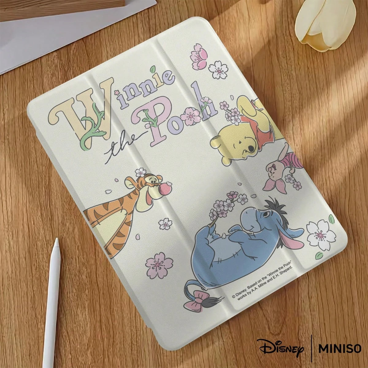 Miniso Disney Winnie The Pooh Cherry Blossom Tablet Case Shockproof Stand Cover Printed Protective Case Designed Suitable For IPad 7.9/8.3/9.7/10.2/10.5/10.9/11/12.9/13 Inch,Suitable For IPad Device P