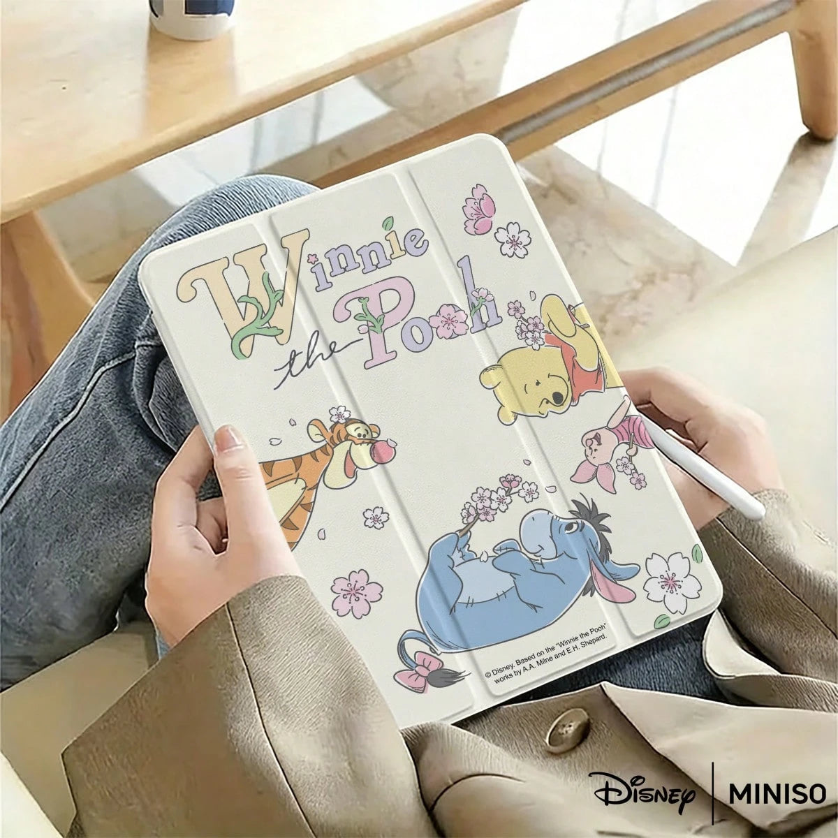 Miniso Disney Winnie The Pooh Cherry Blossom Tablet Case Shockproof Stand Cover Printed Protective Case Designed Suitable For IPad 7.9/8.3/9.7/10.2/10.5/10.9/11/12.9/13 Inch,Suitable For IPad Device P