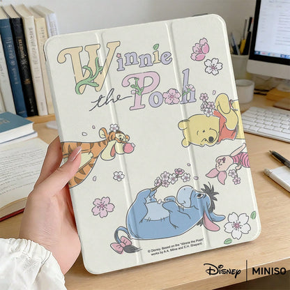 Miniso Disney Winnie The Pooh Cherry Blossom Tablet Case Shockproof Stand Cover Printed Protective Case Designed Suitable For IPad 7.9/8.3/9.7/10.2/10.5/10.9/11/12.9/13 Inch,Suitable For IPad Device P