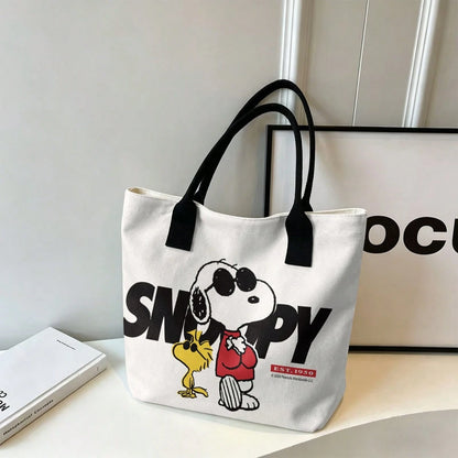 Miniso Peanuts Snoopy & Woodstock EST. 1950 Canvas Tote Bag, White Shoulder Bag For Daily Use