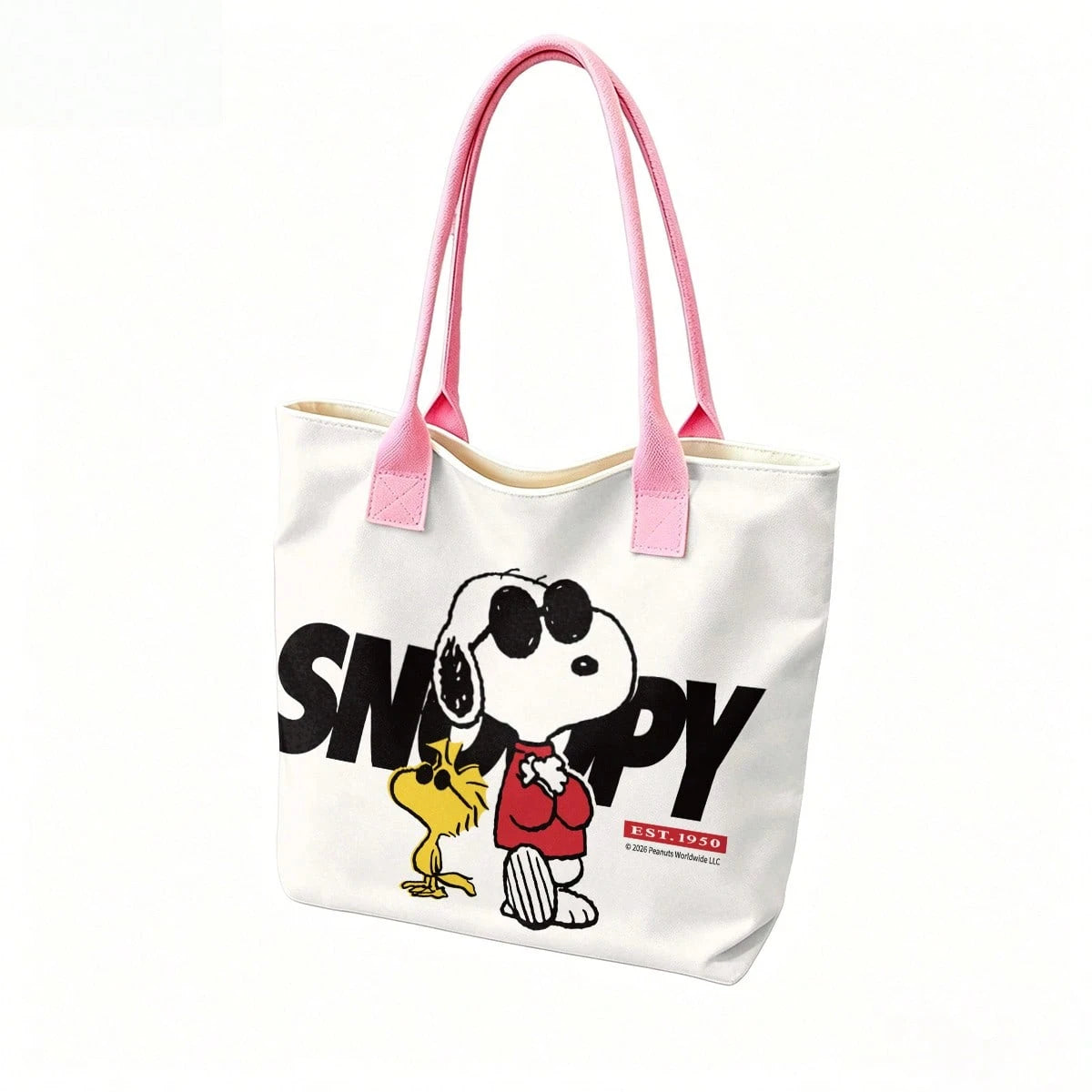 Miniso Peanuts Snoopy & Woodstock EST. 1950 Canvas Tote Bag, White Shoulder Bag For Daily Use