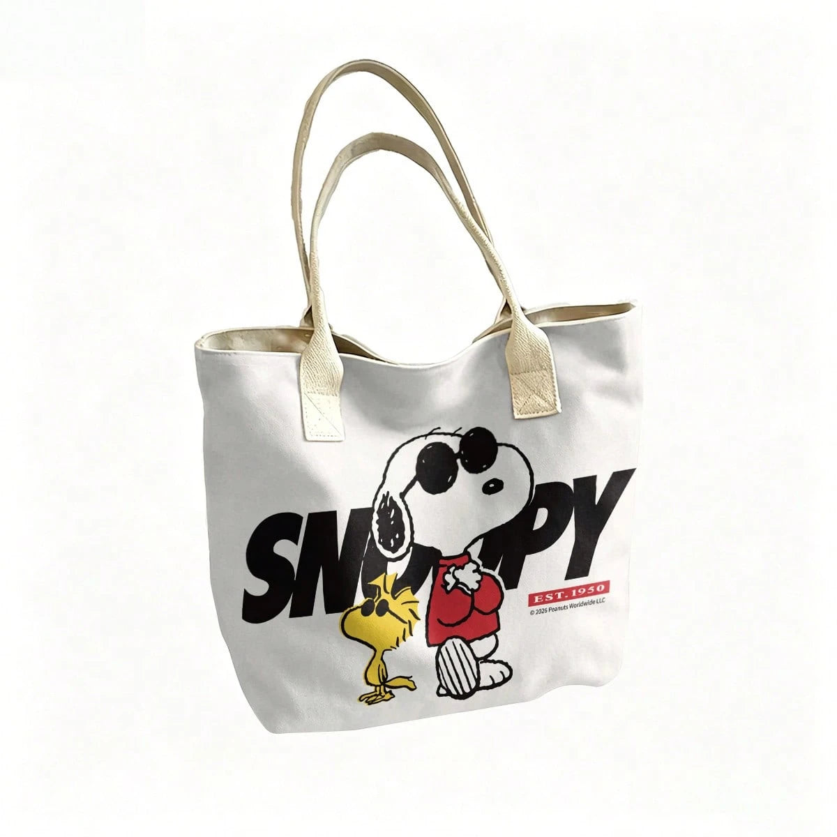 Miniso Peanuts Snoopy & Woodstock EST. 1950 Canvas Tote Bag, White Shoulder Bag For Daily Use