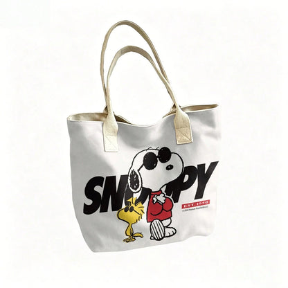 Miniso Peanuts Snoopy & Woodstock EST. 1950 Canvas Tote Bag, White Shoulder Bag For Daily Use