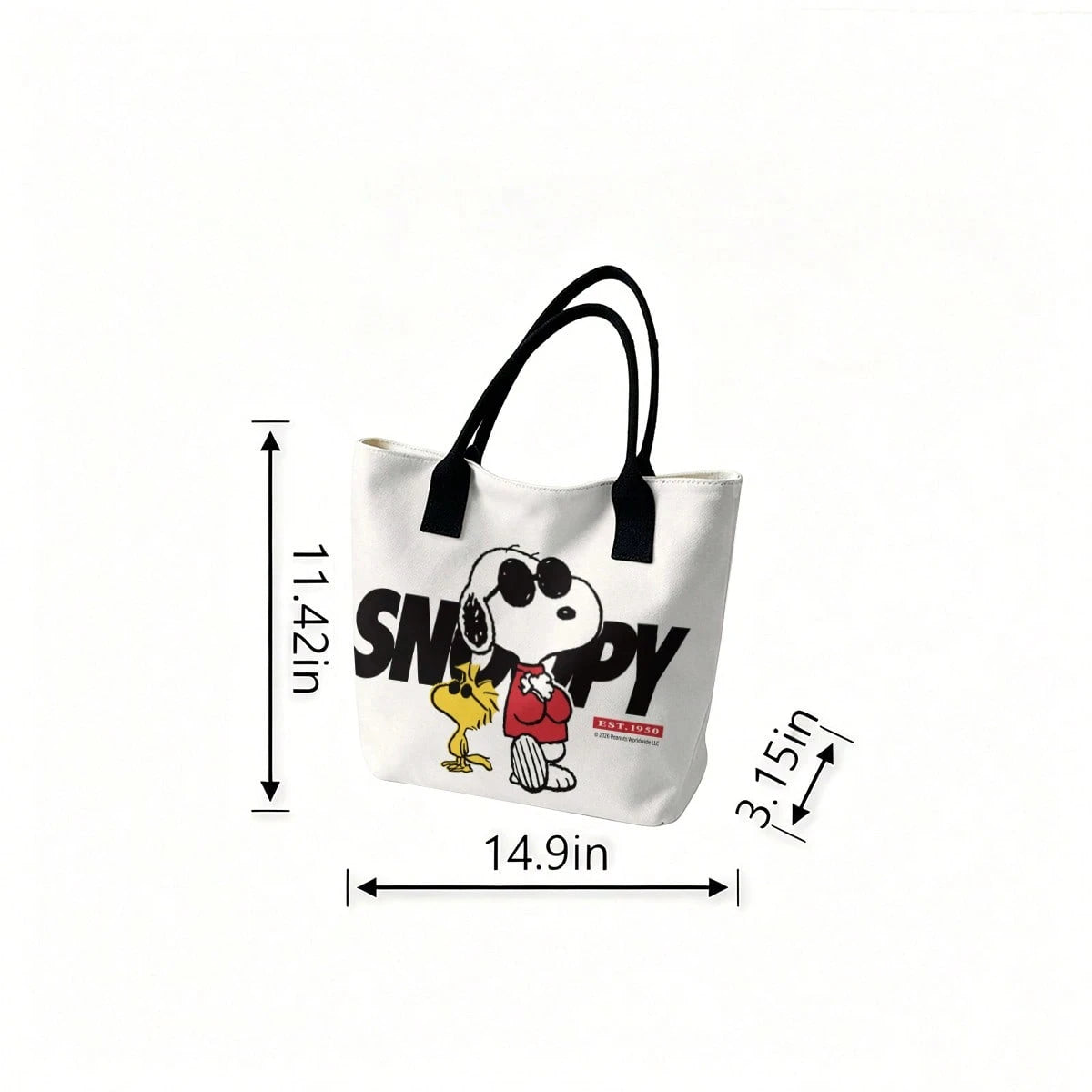 Miniso Peanuts Snoopy & Woodstock EST. 1950 Canvas Tote Bag, White Shoulder Bag For Daily Use