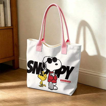 Miniso Peanuts Snoopy & Woodstock EST. 1950 Canvas Tote Bag, White Shoulder Bag For Daily Use