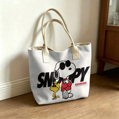 Miniso Peanuts Snoopy & Woodstock EST. 1950 Canvas Tote Bag, White Shoulder Bag For Daily Use